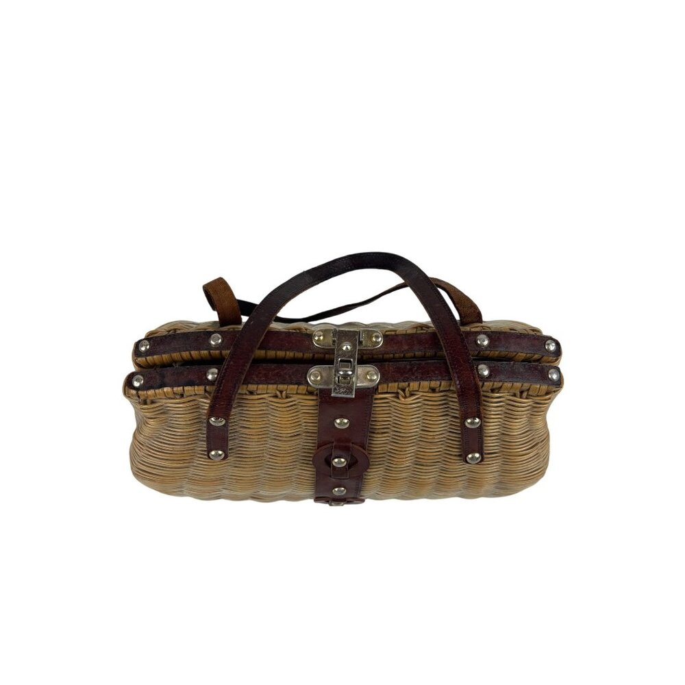 Vintage 50s Wicker Bag Beige Brown Leather Trim Top Handle Handbag AS IS - Picture 8 of 10
